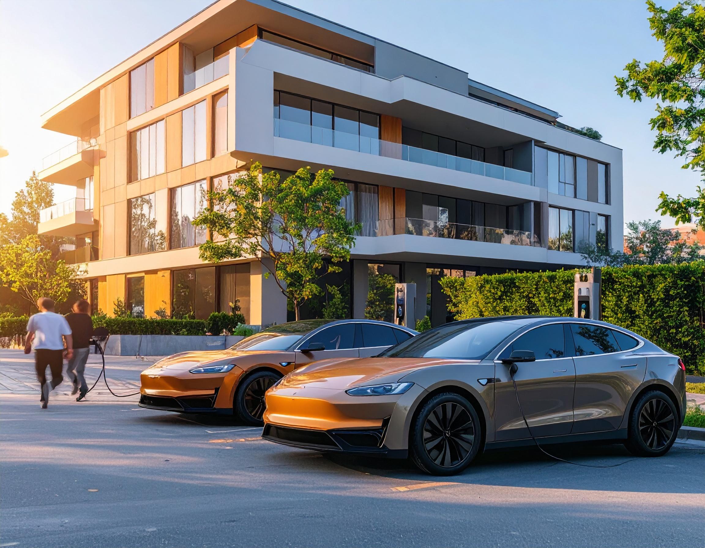 Modern commercial building with electric vehicles charging