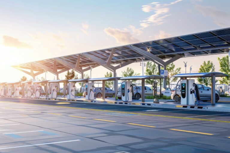 Maxperr Energy Electric Vehicle Charging Station at Modern Transportation Hub with Solar Panels and Cars at Sunset