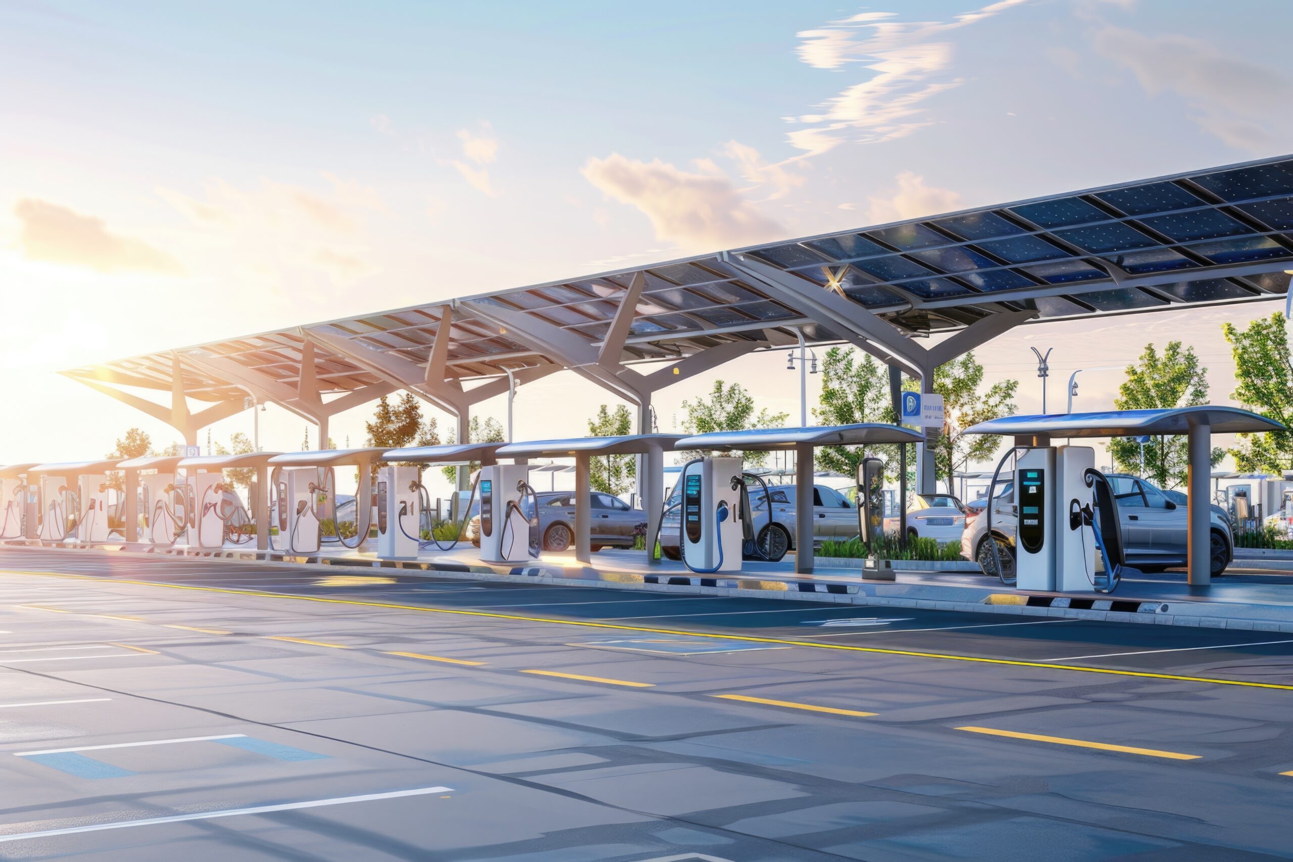 Maxperr Energy Electric Vehicle Charging Station at Modern Transportation Hub with Solar Panels and Cars at Sunset